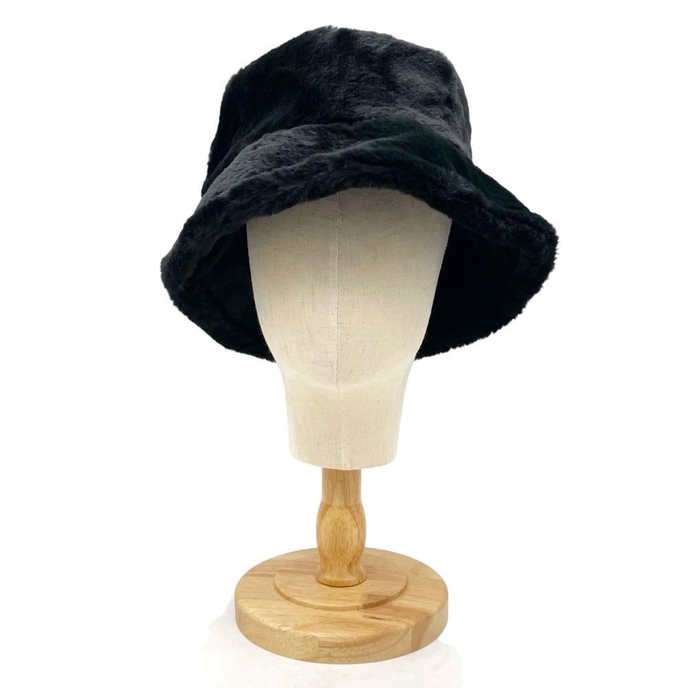 Black Faux Fur Bucket Hat Winter Soft Plush Fuzzy Warm Outerwear Unisex One Size - Picture 2 of 11